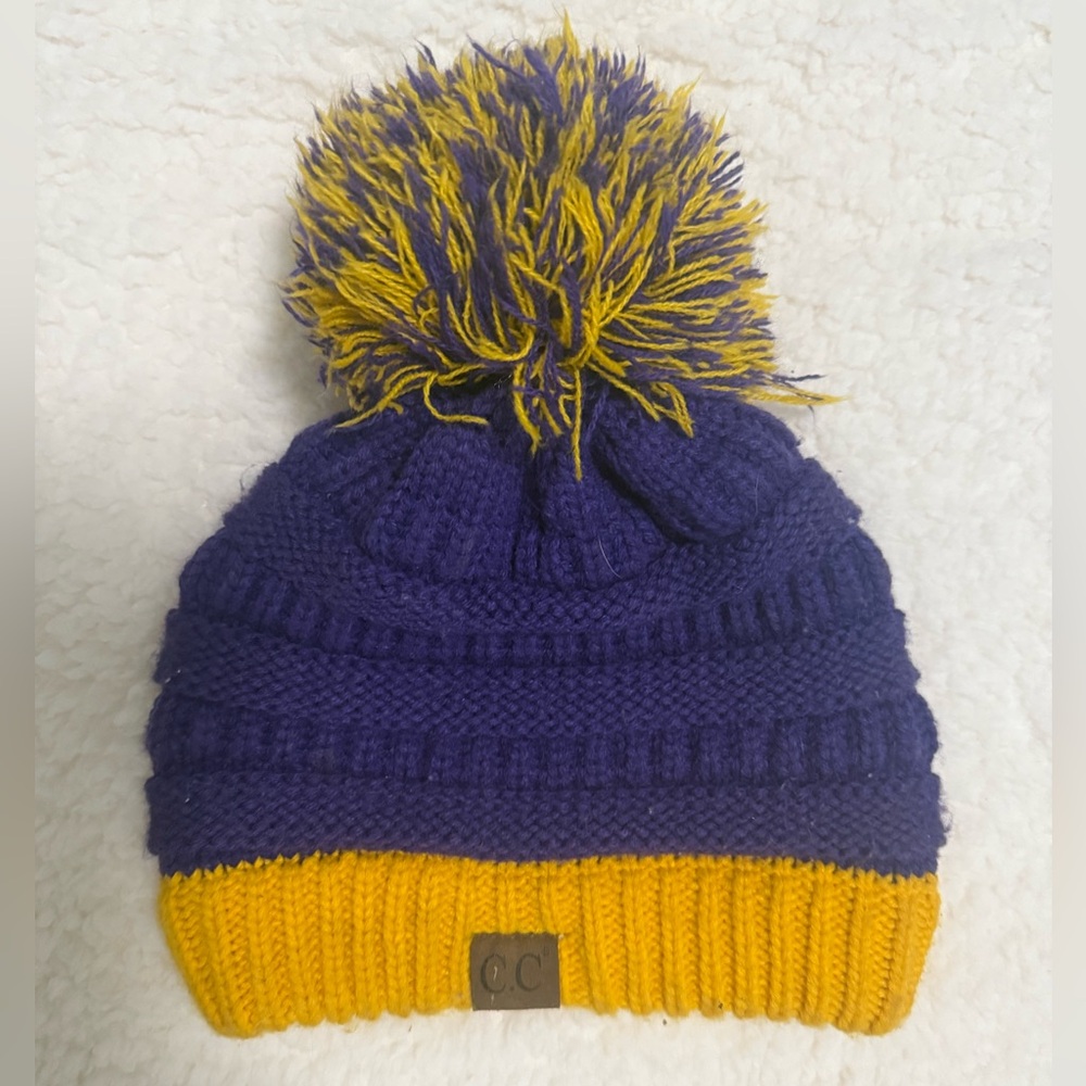 $5 for &20 item: Cozy Knit Pom-Pom Beanie - Purple and Yellow